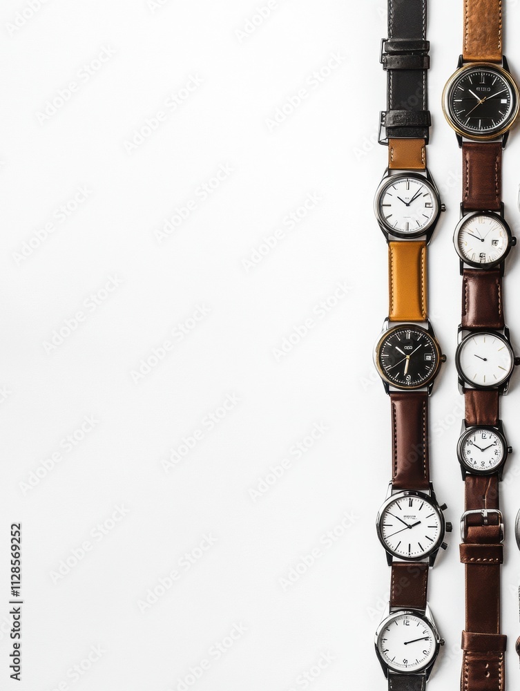 Aufkleber A variety of wristwatches with different styles and colors displayed neatly, offering a stylish layout with ample space for design elements. Generative AI