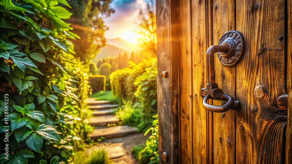 Poster aerial view of a rustic wooden door with handle showcasing natural textures and intricate grain patt