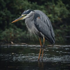Fototapeta premium Write about a heron standing gracefully in shallow river waters.