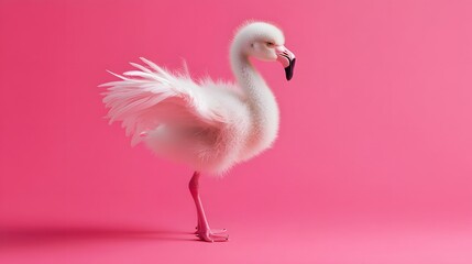 Fototapeta premium A baby flamingo with fluffy down feathers standing on a coral pink background stretching its tiny wings.