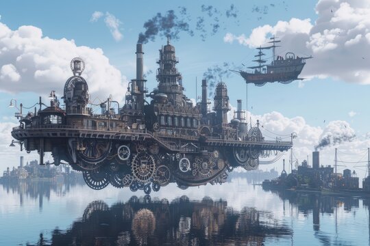 A Steampunk Airship City Floats Above Calm Waters