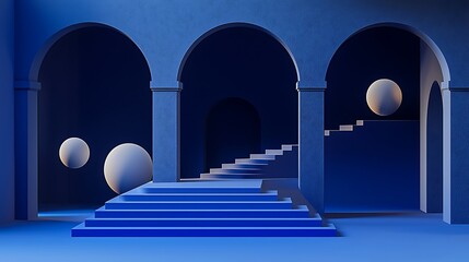 Elegant minimalist blue architecture with arches and glowing spheres in a surreal atmosphere