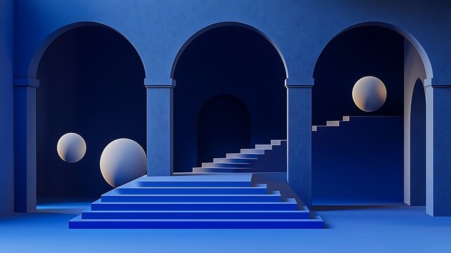 Elegant minimalist blue architecture with arches and glowing spheres in a surreal atmosphere
