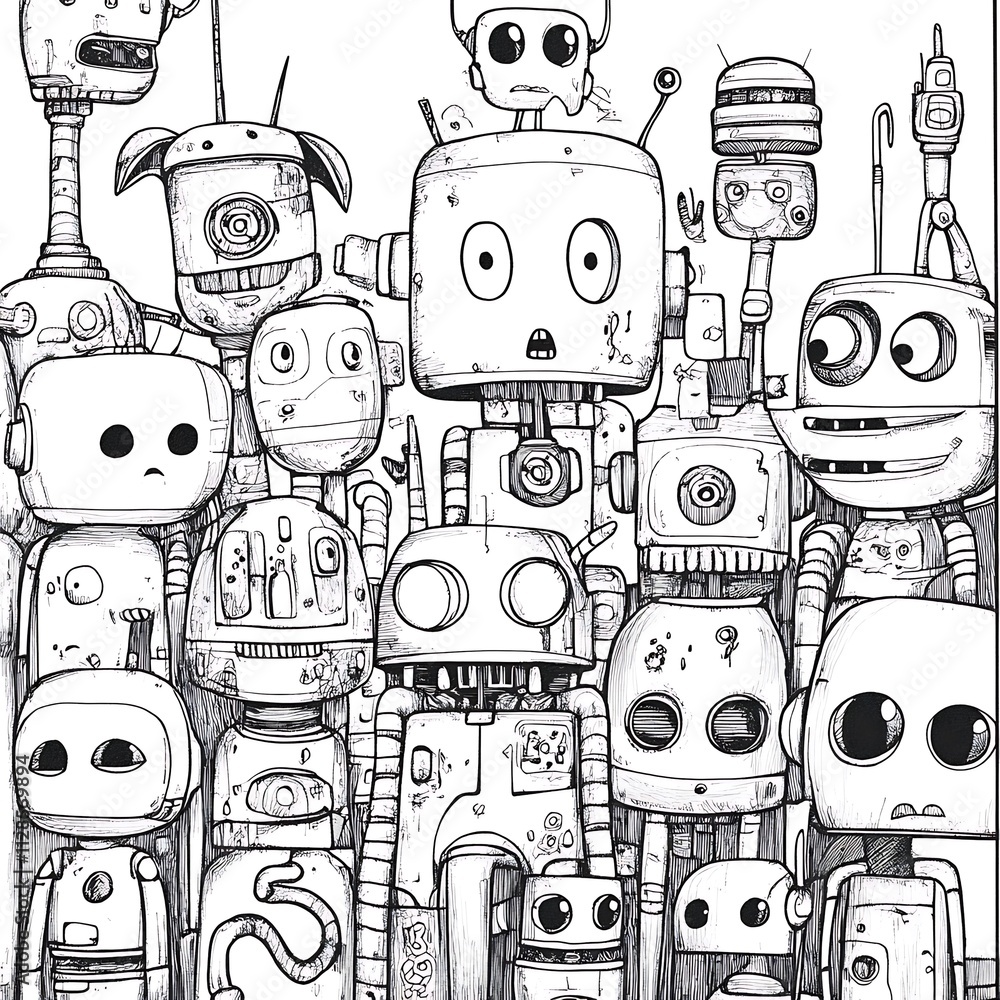 Poster dreamlike character sketches, dreamlike character sketches, quirky robots with mechanical details in