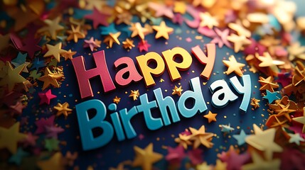 A stunning kirigami card design of "Happy Birthday" surrounded by concentric rainbow arches with detailed cut-out patterns, glowing accents, and scattered stars for a dynamic celebratory vibe,