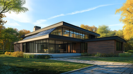 Obraz premium Modern House With Solar Panels Integrated Into Its Design, Sustainable Electricity Resource, Solar Cell Powered Clean Energy Photography