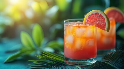 Fototapeta premium Vibrant Tropical Cocktails Surrounded by Palm Leaves