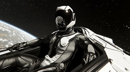Fototapeta premium Astronaut in spaceship orbiting Earth.