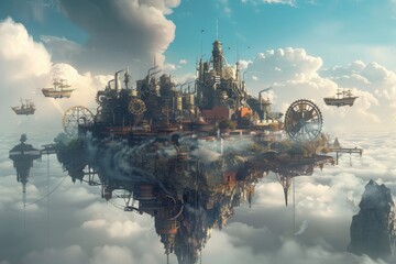 A steampunk city floats amidst fluffy clouds above the world