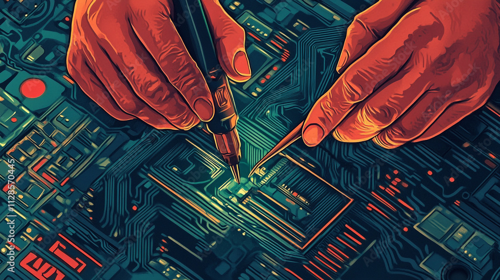 Poster expert hands repairing a circuit board with precision tools during a technical project