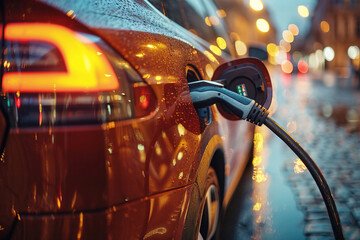 Electric vehicle charging technological modern device at the station for accumulators. Ecological green energy alternative.