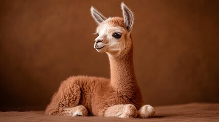 A baby llama with soft brown fur sitting gracefully on a chocolate brown background looking majestic yet cute.
