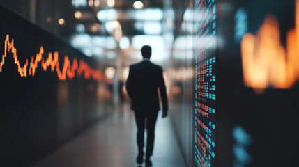 businessman walking through modern corridor with digital displays. atmosphere is professional and dynamic, reflecting corporate environment