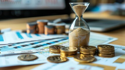 An hourglass sits on a table with stacks of coins and financial charts, representing the concept of time and money.