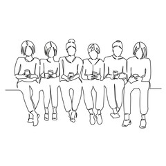 One continuous single drawing line art flat doodle teenagers looking at phone, technology social networks, life on phone. Isolated image hand draw contour on a white background, hand drawn, not AI