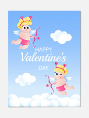  Logo love is in the air for Valentine's Day. Vertical card with cute angels cupids with bow and arrows on a blue background with clouds. Vector illustration