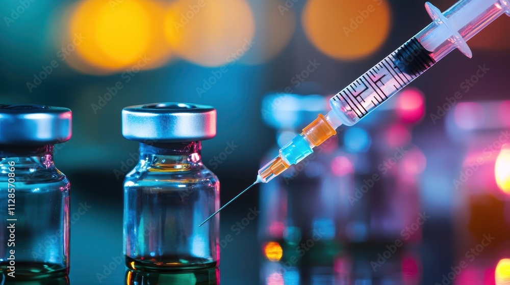 Poster collaborative research team analyzing vaccine data in a laboratory setting with focus on syringe and