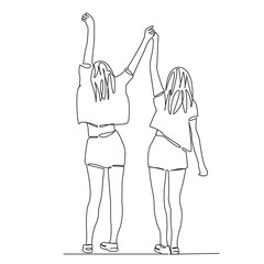 One continuous single drawing line art flat doodle person, friends, friendship, girl, best, 2, female, woman, joy, together. Isolated image hand draw contour on a white background, hand drawn, not AI
