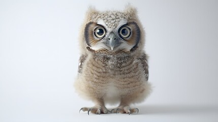Obraz premium A baby owl perched on an invisible stand on a soft white background with its wide curious eyes focused ahead.