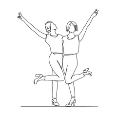 One continuous single drawing line art flat doodle girl, person, woman, fun, friends, friendship, 2, female, happy, young. Isolated image hand draw contour on a white background, hand drawn, not AI