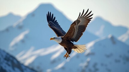 Obraz premium Majestic Eagle Soaring Above Snowy Peaks