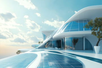 Obraz premium Solar Panels On A Futuristic Eco Friendly Building, Sustainable Electricity Resource, Solar Cell Powered Clean Energy Photography