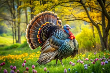 Aerial View of a Strutting Male Turkey (Gobbler) Displaying Colorful Feathers in a Lush Green Environment During Springtime, Capturing Nature's Beauty and Wildlife Diversity