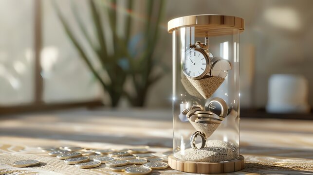An hourglass with sand, a watch, coins and gears inside.