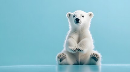A baby polar bear sitting on its hind legs on an icy blue background with a playful expression on its face.