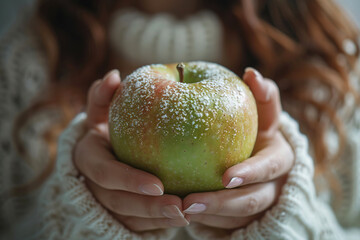 An overweight woman is holding a green apple with both hands while showing no enthusiasm