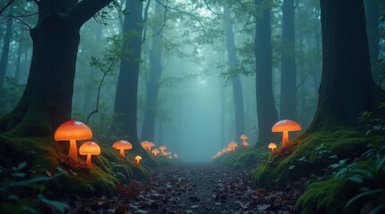 Glowing Mushrooms in a Misty Enchanted Forest