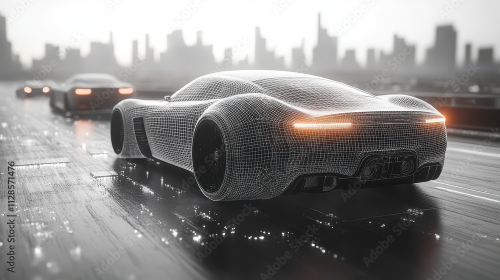Poster wireframe car concept riding on a road with a futuristic city backdrop suv car from the back expertl