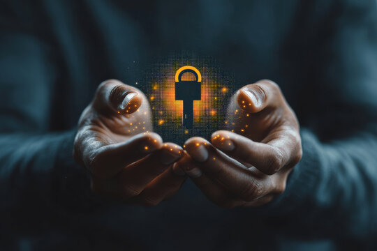 A pair of hands holding a glowing lock symbol, representing security and digital protection in modern technology.