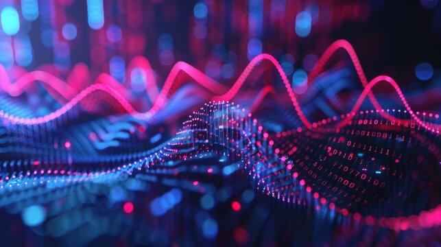 Big data wave flowing in cyberspace with binary code and statistics graph showing the power of digital information in a futuristic and technological representation with blue and pink colors