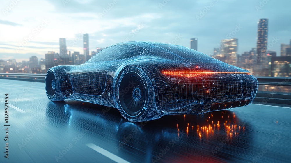 Poster wireframe car concept riding on a road with a futuristic city backdrop suv car from the back expertl