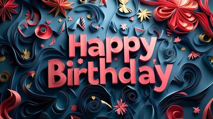 A stunning kirigami design of "Happy Birthday" with letters featuring embedded glowing candles, surrounded by dynamic paper swirls, ribbons, and stars, hd precision, vibrant colors,