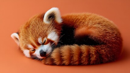 Obraz premium A baby red panda curled up on a bright coral background with its striped tail wrapped around its tiny body.