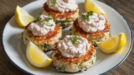 Delicious Homemade Fish Cakes with Lemon and Creamy Topping. Savor the taste of these homemade fish cakes, perfectly golden brown, topped with creamy sauce and served with fresh lemon wedges...