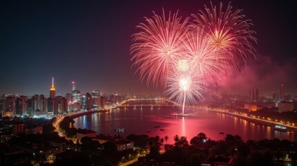 New Year's Eve Fireworks over City Skyline
