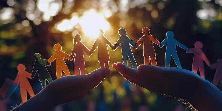 Hands holding colorful paper figures symbolizing unity and community in a natural setting.
