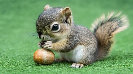 A baby squirrel holding an acorn on a bright forest green background with its bushy tail curled behind it.