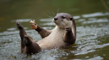 Obraz premium Playful Otter with Shell in River