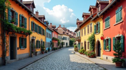 Obraz premium Quaint European Village with Cobblestone Streets and Colorful Houses
