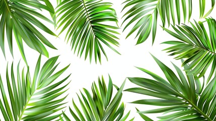 A collection of lush, green palm leaves against a white background.