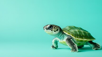 Fototapeta premium A baby turtle with a bright green shell crawling on a seafoam blue background looking determined.