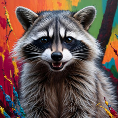 Raccoon with a cheerful expression set against a vibrant, colorful background