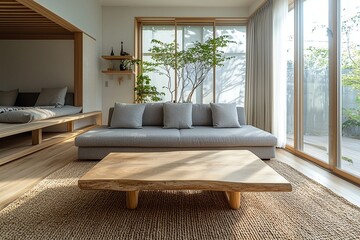 A modern living room's japandi interior with minimalist, gray sofa and wood cafe tables. Generative AI
