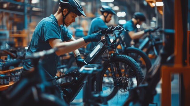 Factory workers assembling electric bikes.