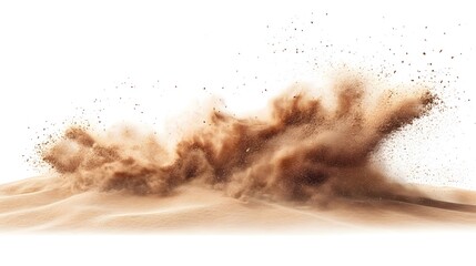 Brown sand explosion isolated on white background, dynamic dust cloud burst, desert sandstorm effect