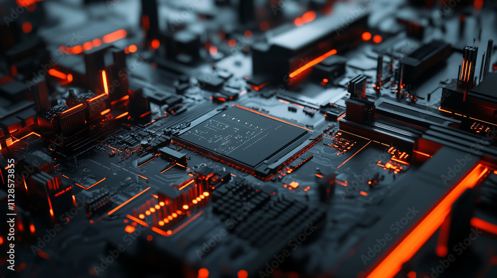 Poster high-tech circuit board illuminated by glowing orange lights in a futuristic design layout